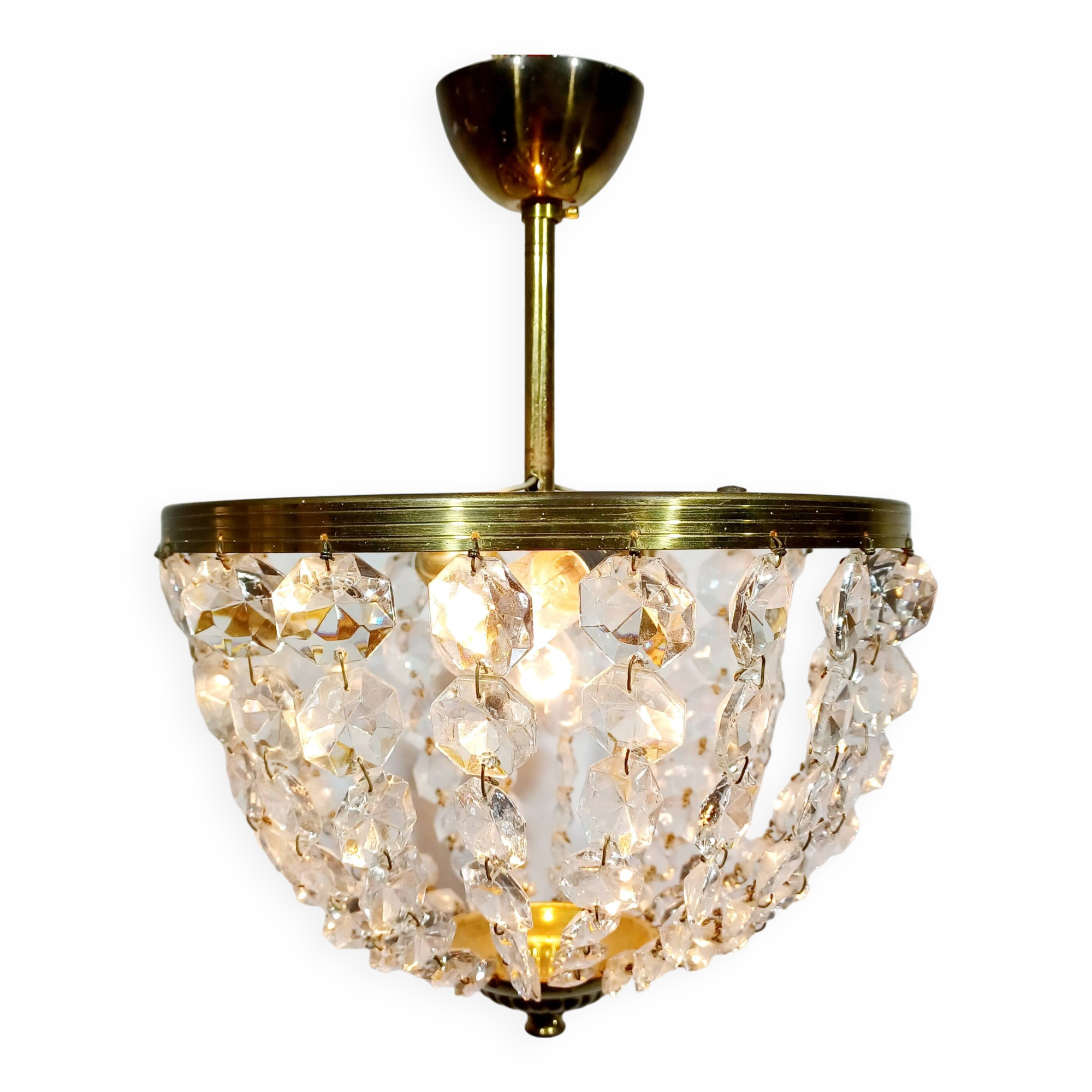 Plafonnier 2 lumières Laiton Et Cristal