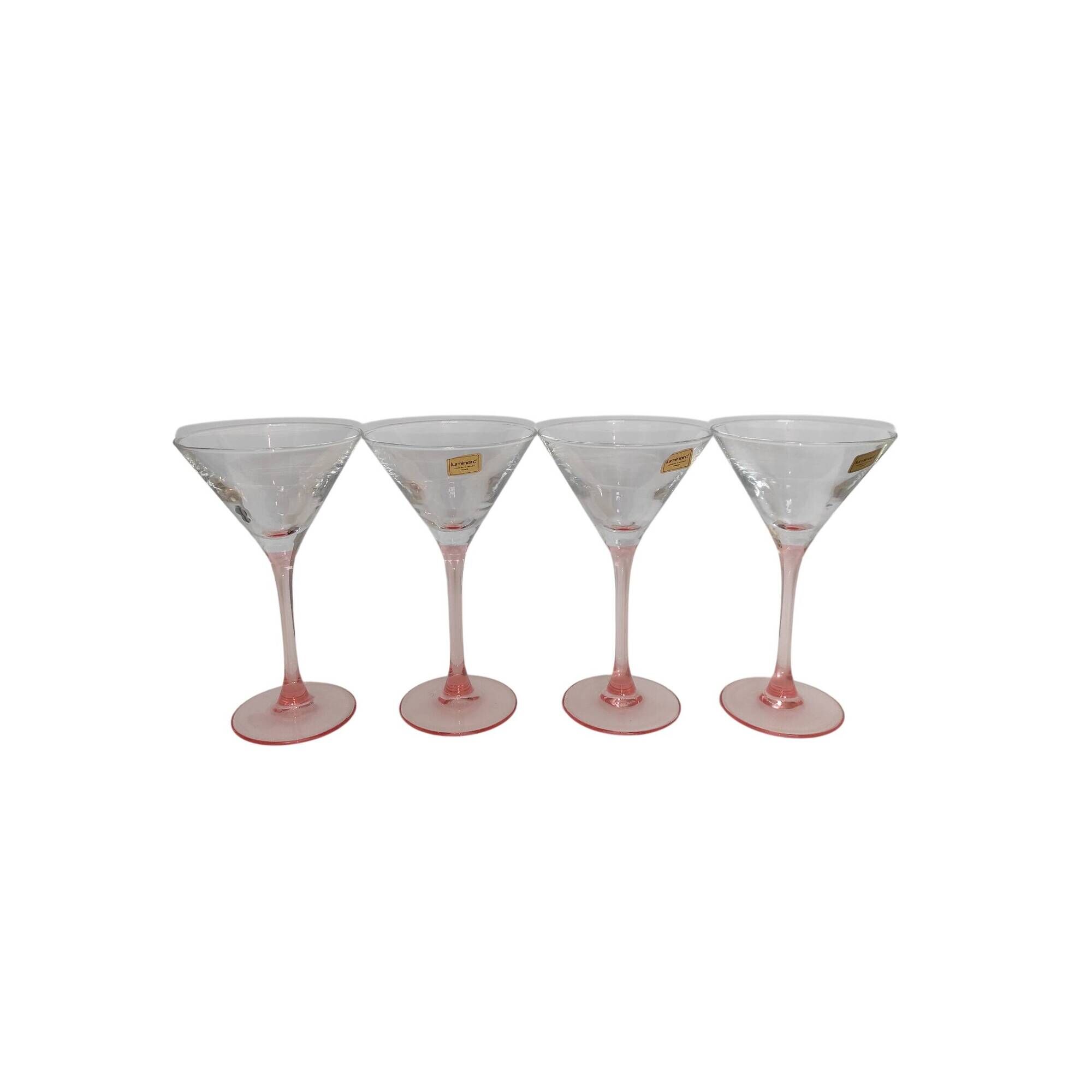 Set of 4 Luminarc Cocktail glasses with pink stems, original label from 1980.
