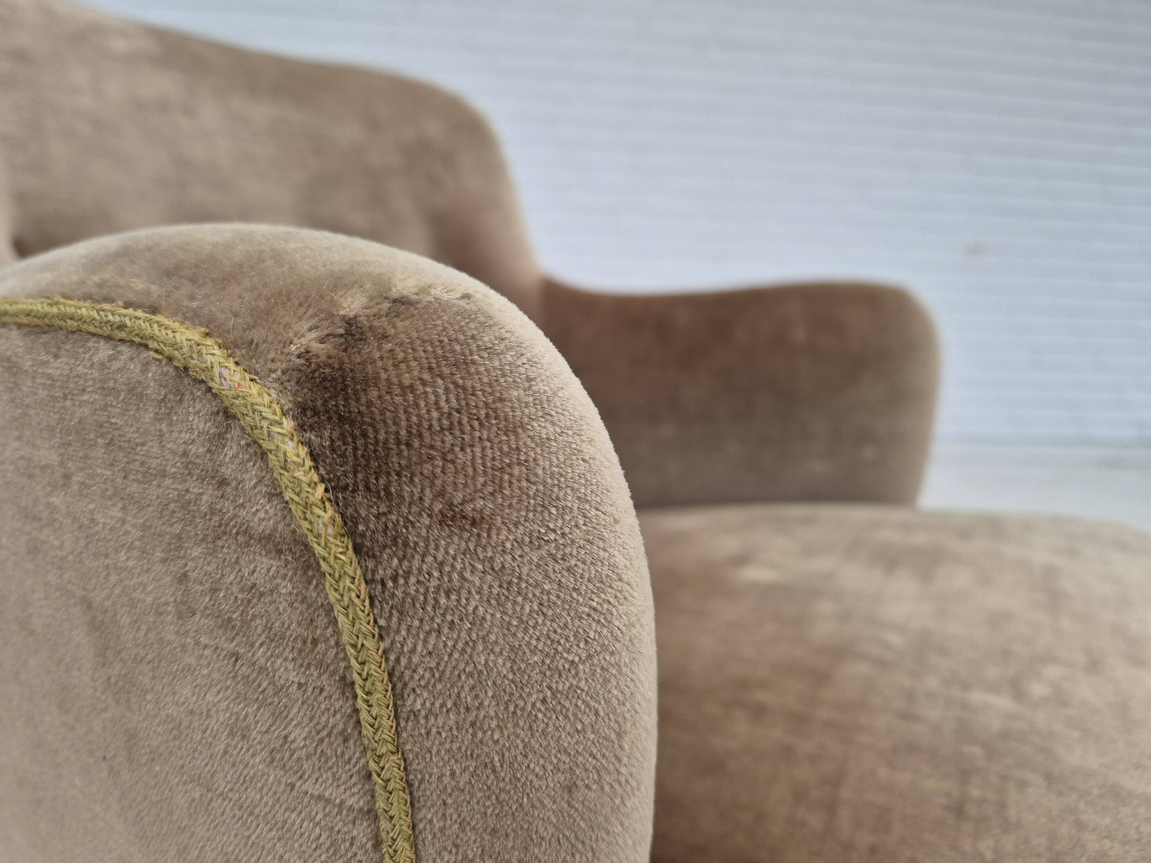 1970s, Danish lounge chair, original condition, furniture velour, beech wood legs.