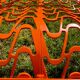 Orange pierced sheet metal bench