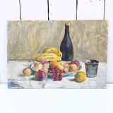 Still life painting fruit basket cider gouache