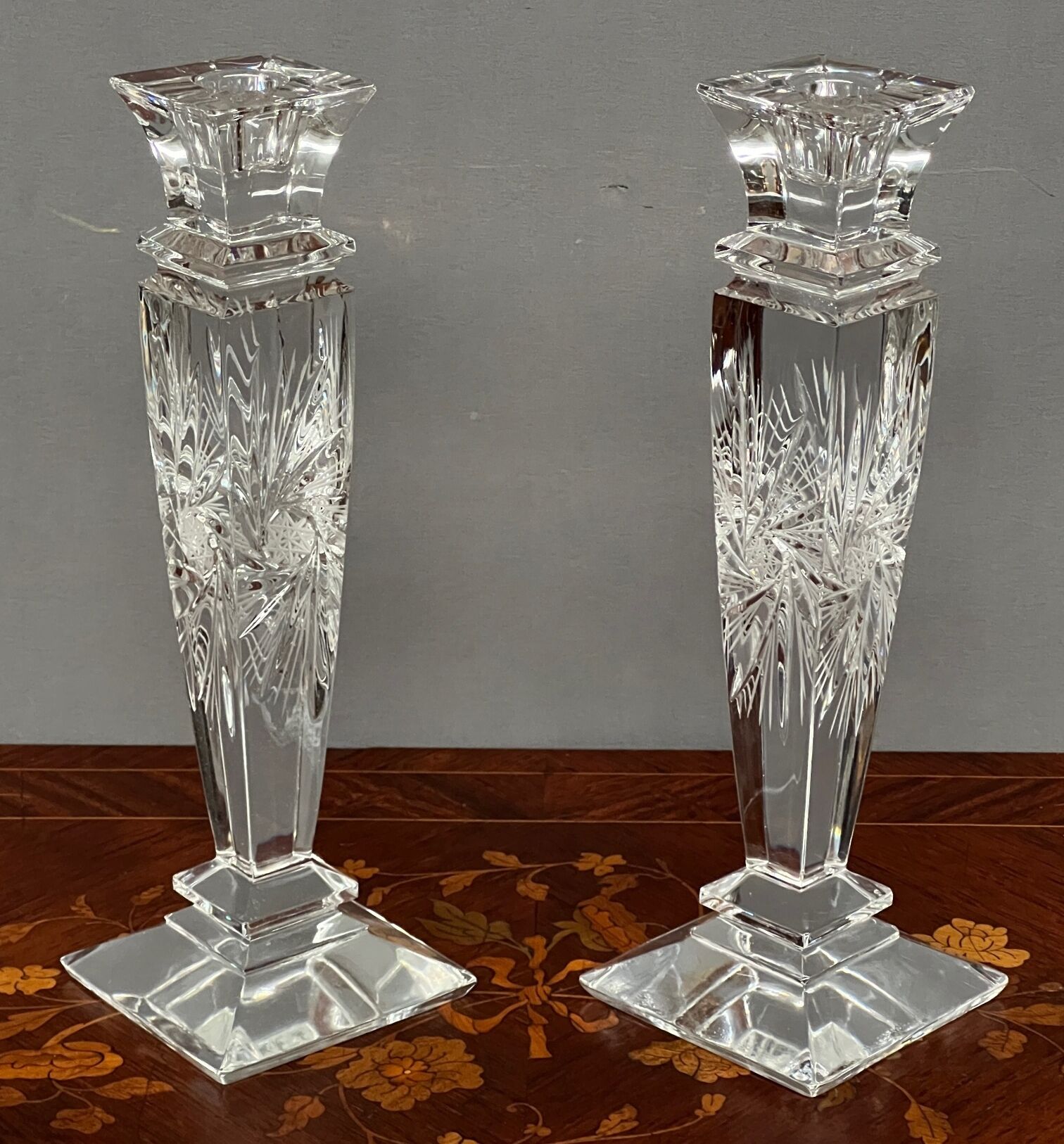 Pair of hand-cut solid crystal candle holders.