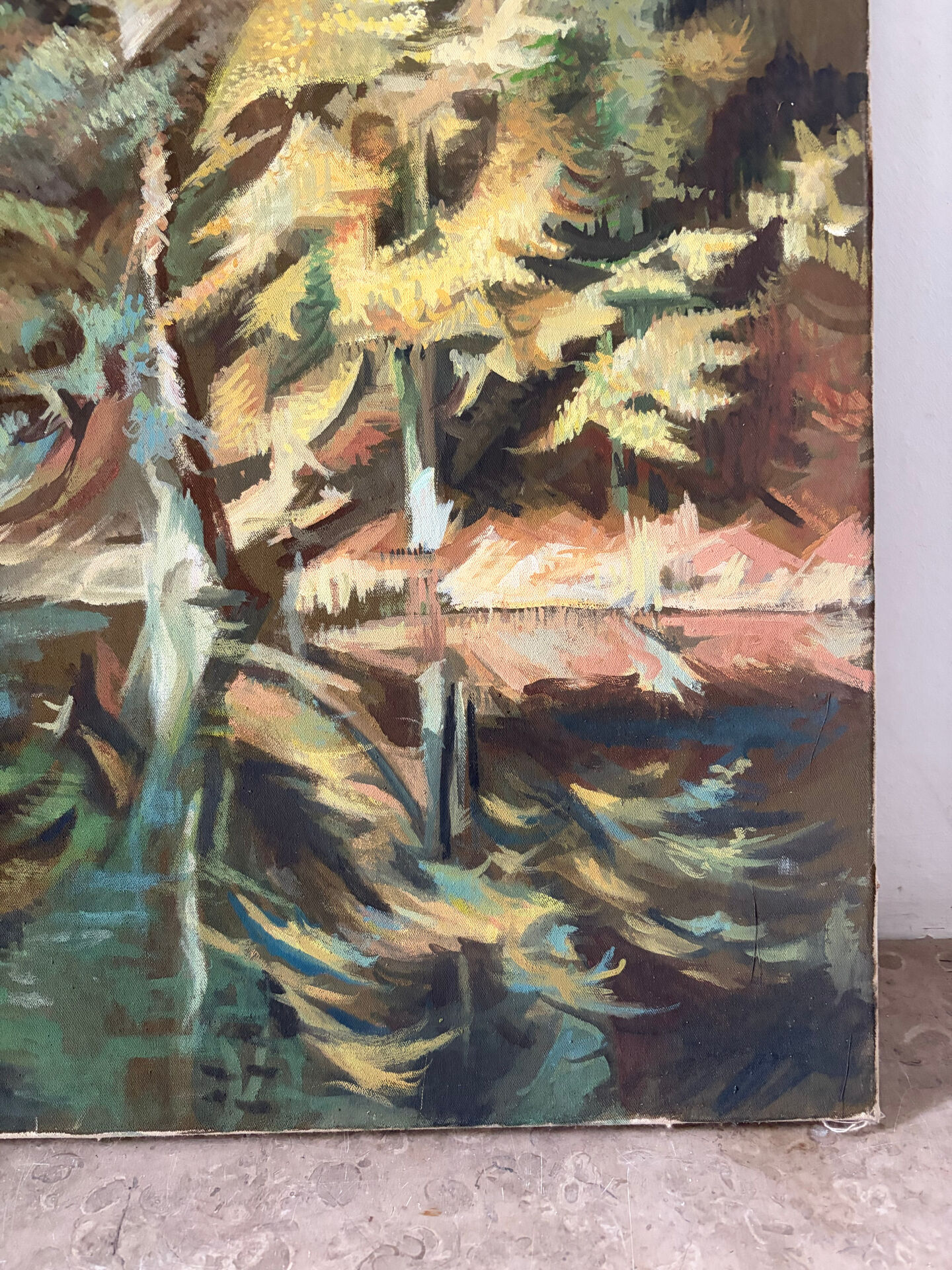 Reflections of trees on the water, oil on canvas signed
