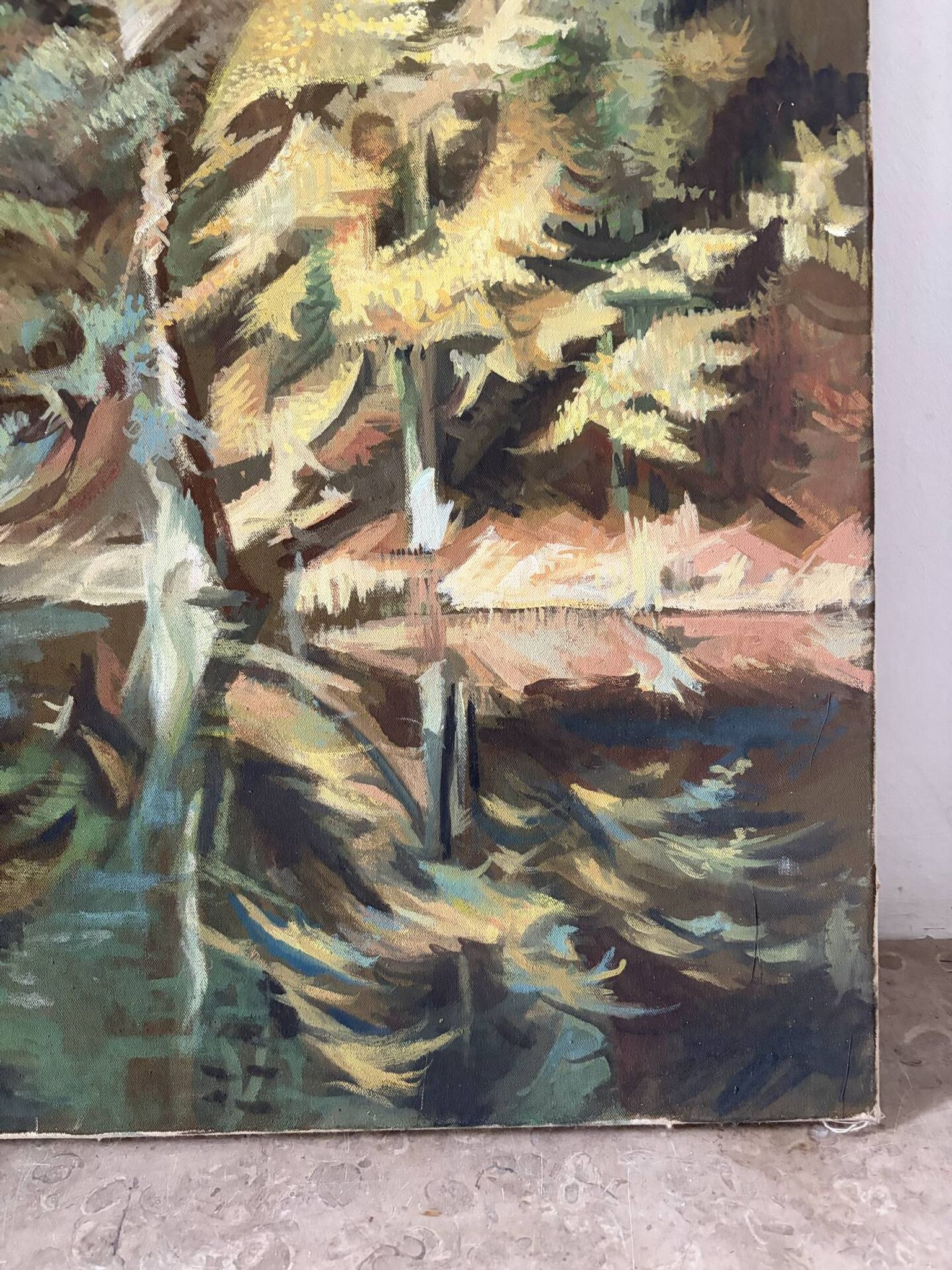 Reflections of trees on the water, oil on canvas signed