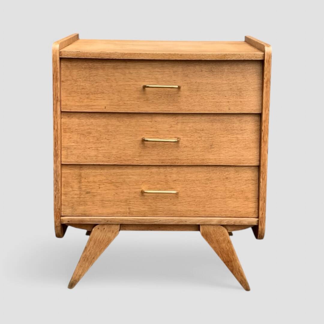 Vintage chest of drawers with compass feet, raw oak, 1960