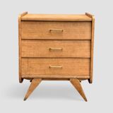 Vintage chest of drawers with compass feet, raw oak, 1960