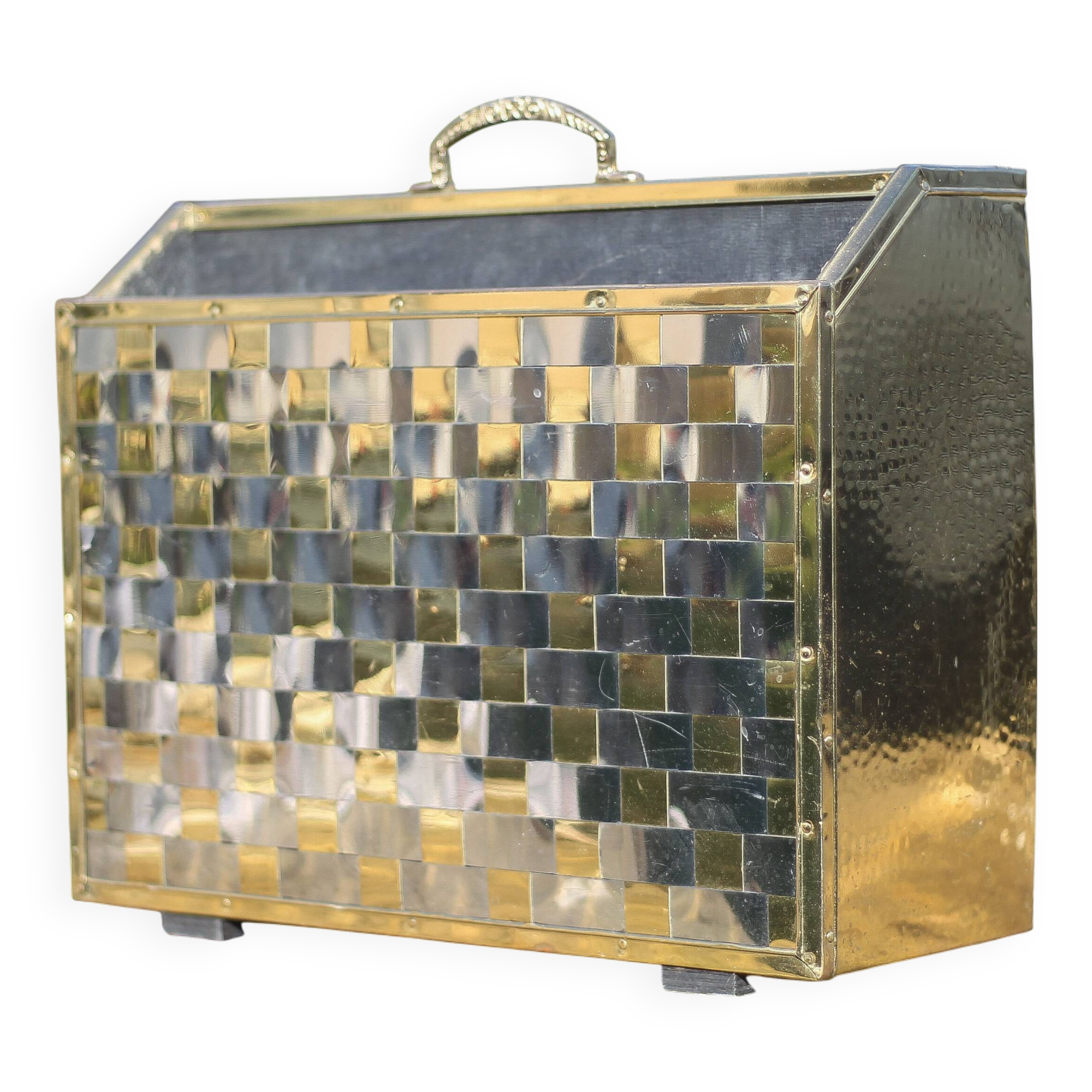 Vintage magazine rack, two-tone woven brass magazine rack, book storage