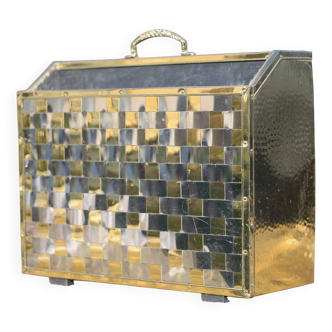 Porte-revue vintage, Porte revues laiton tressé bicolore, rangement livres