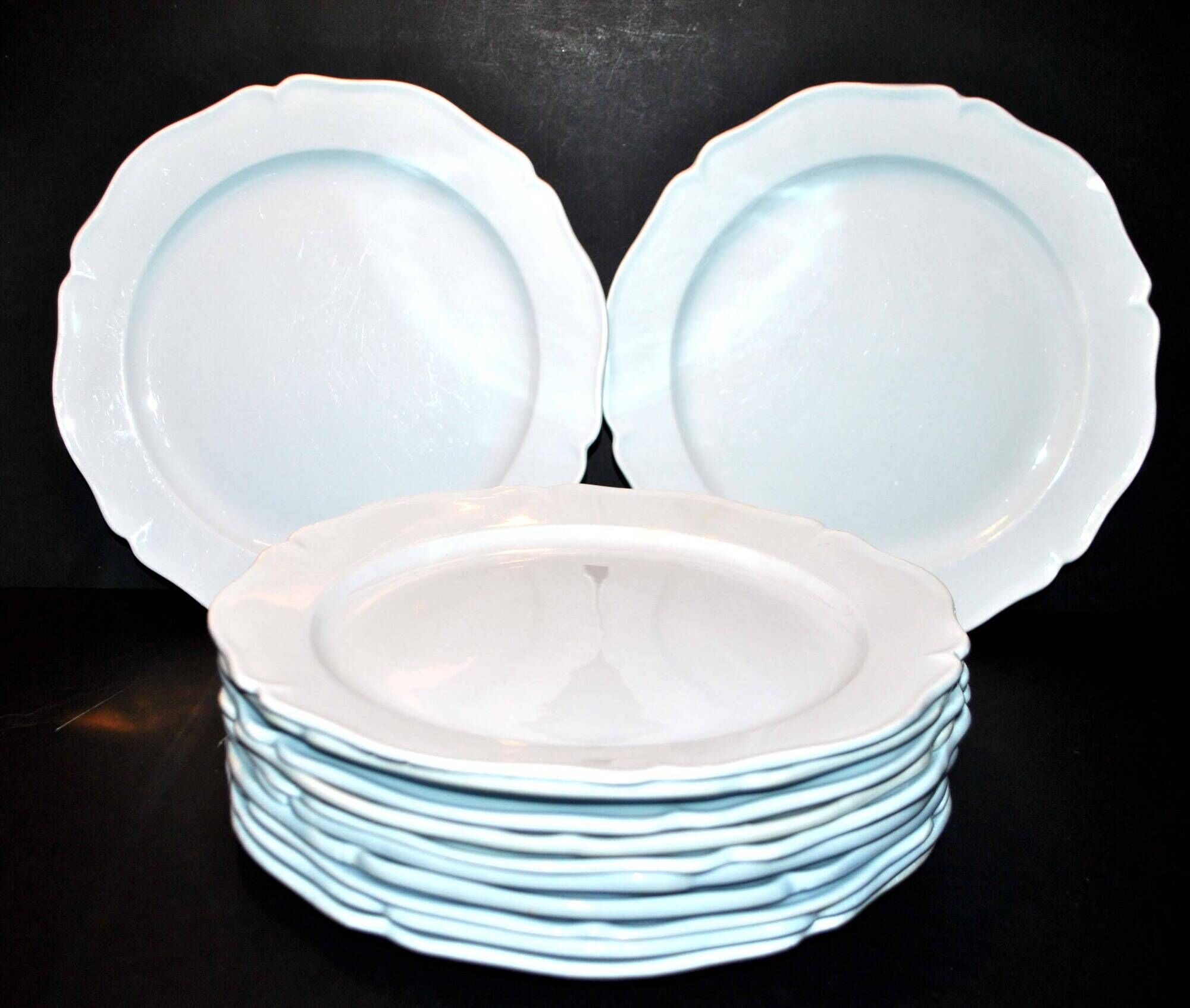 MONTEREAU Set of 12 old scalloped flat plates Pastel blue opaque earthenware 1820-30