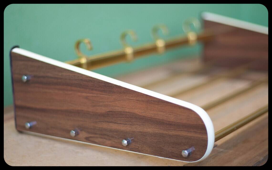 vintage formica and brass coat rack, cloakroom, hooks, hanger, shelf, hooks, coat hooks, decoration