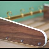 vintage formica and brass coat rack, cloakroom, hooks, hanger, shelf, hooks, coat hooks, decoration