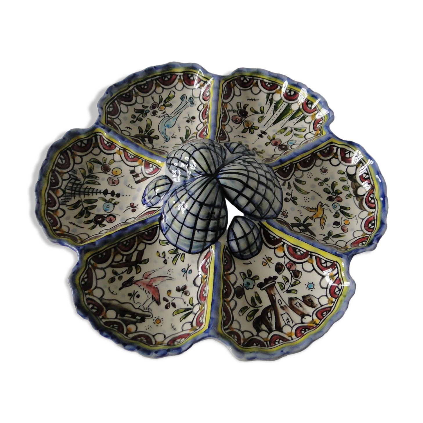 Hand painted ceramic serving display stand with 6 compartments