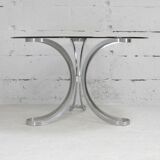 Living room table "Space Age" polished steel, circular slab smoked glass. France, circa 1970.