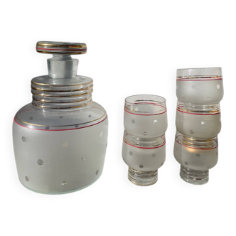 1950s glass liqueur carafe with polka dots, signed Art Deco, Czechoslovakia.