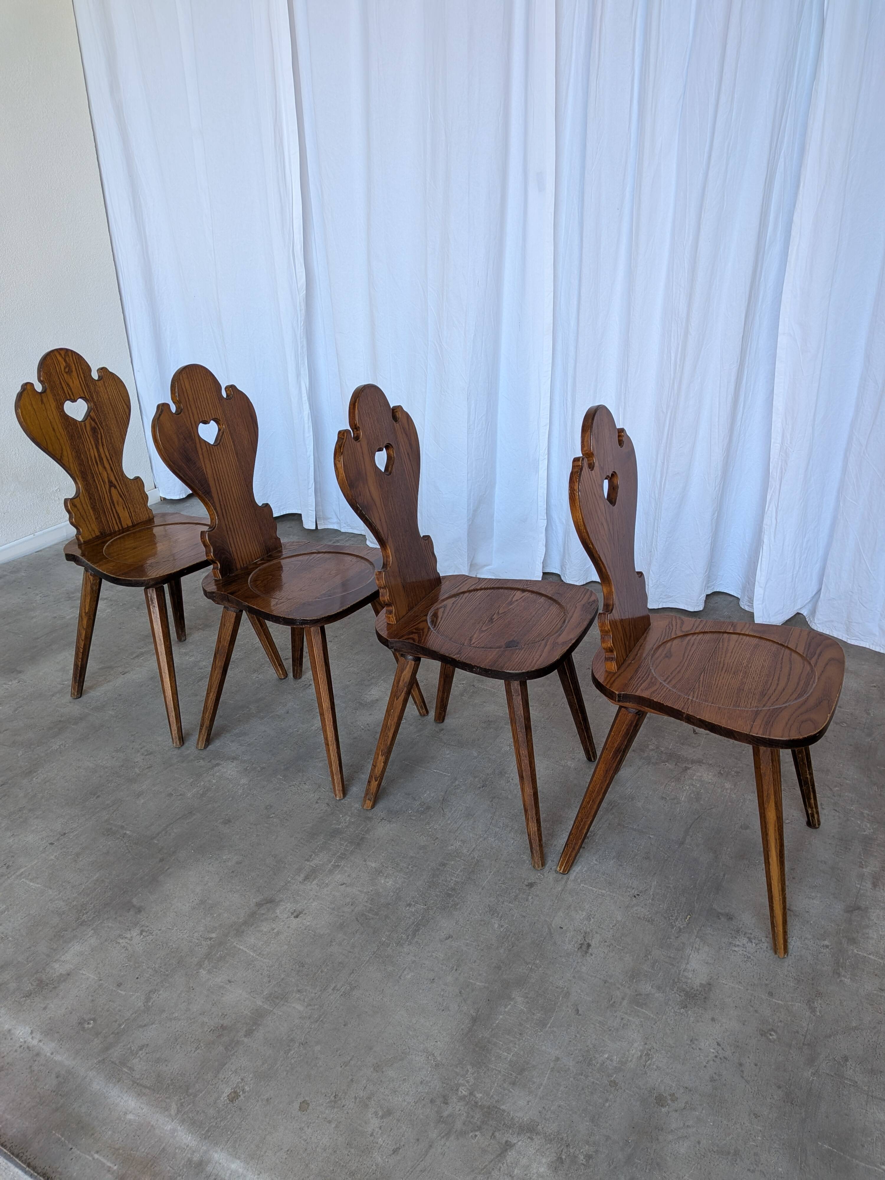 Set of 4 Farmhouse Tyrolean Chair with Heart Cutout Back / 1970s Vintage Di