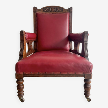 Edwardian Oak Armchair with Red Vinyl Upholstery