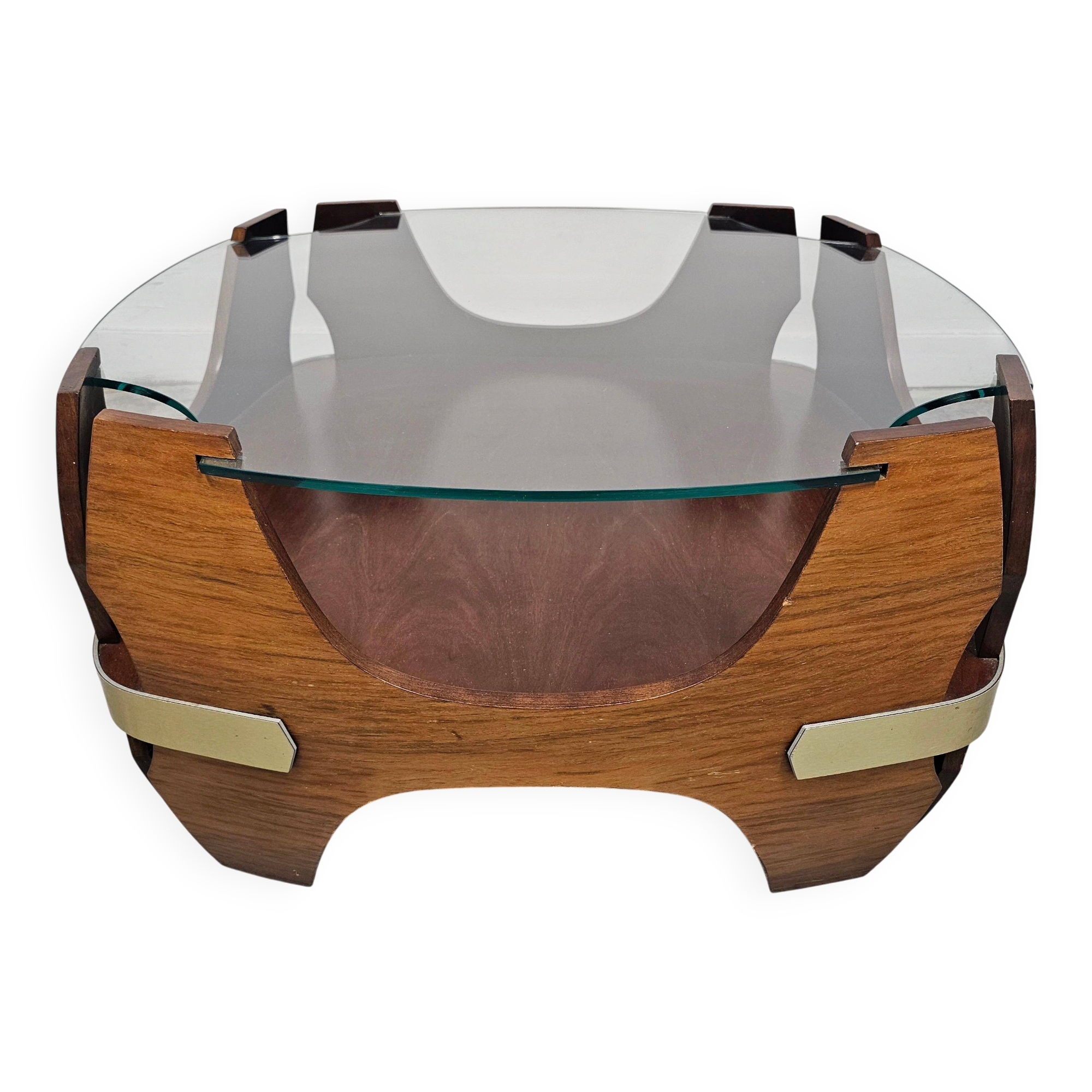 Mid-century coffee table in curved plywood with a glass top, 1940s.