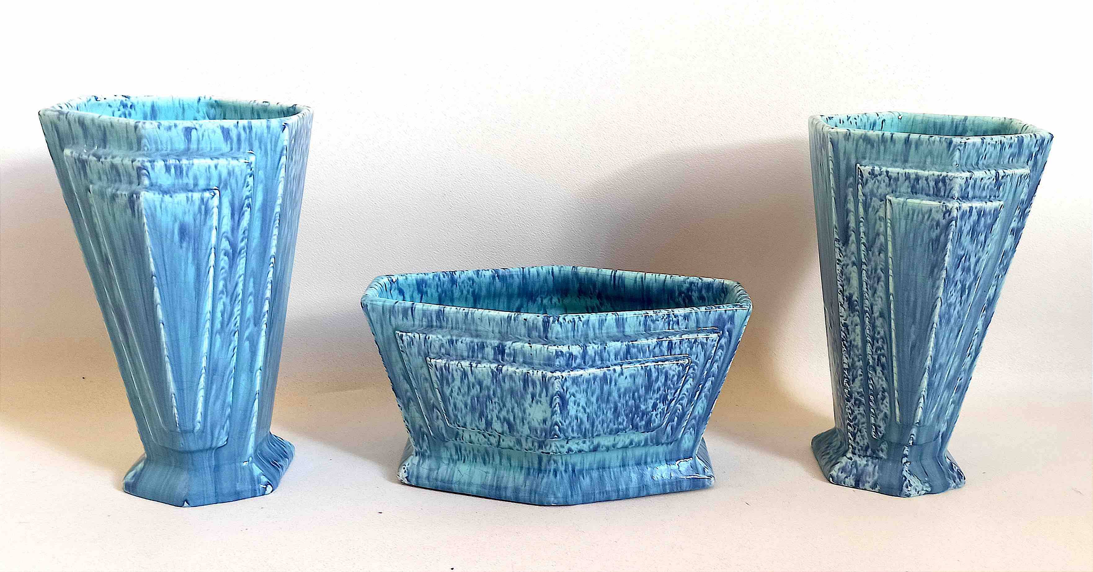 3-piece Art Deco blue fireplace surround