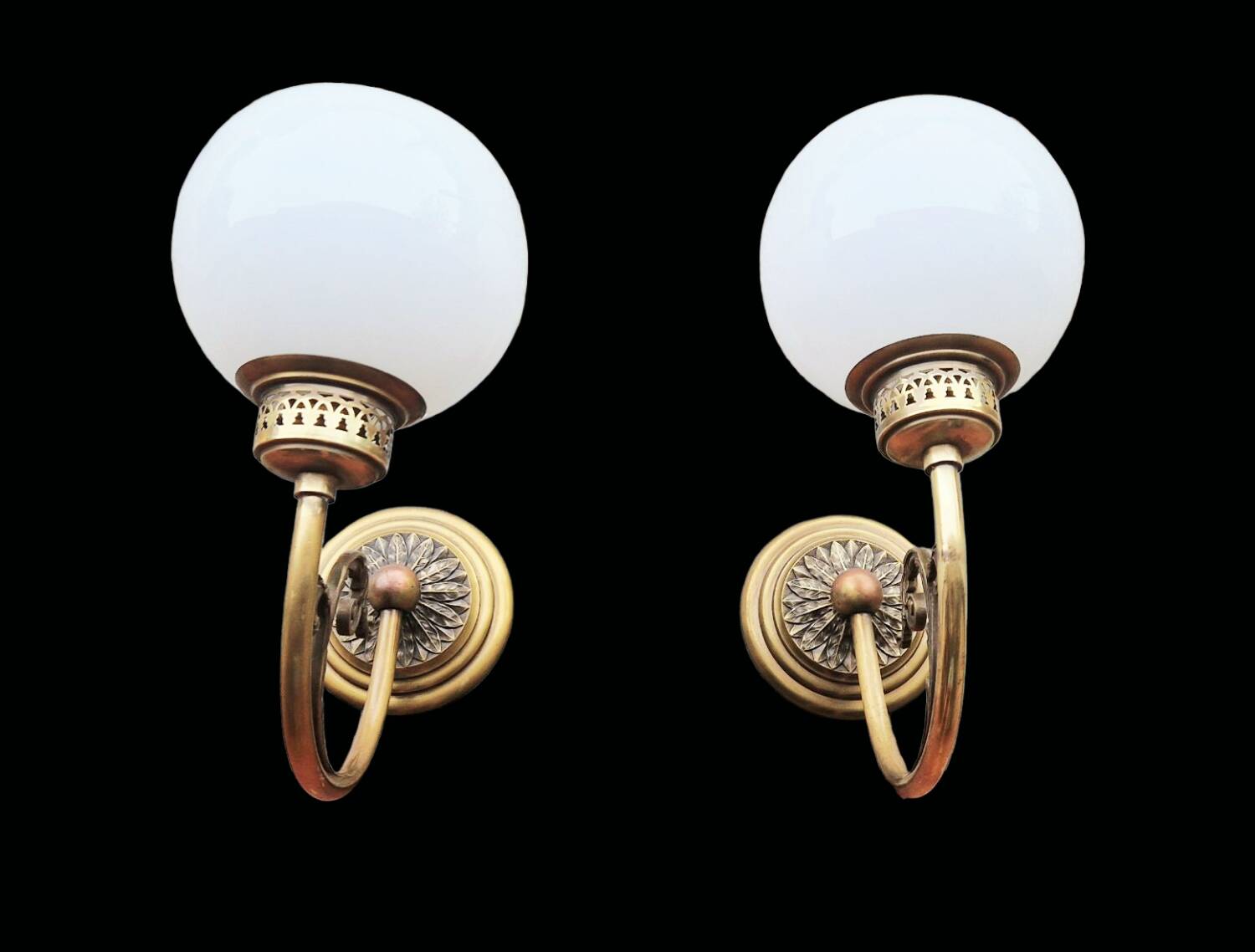Pair of Napoleon III style brass and opaline wall lights