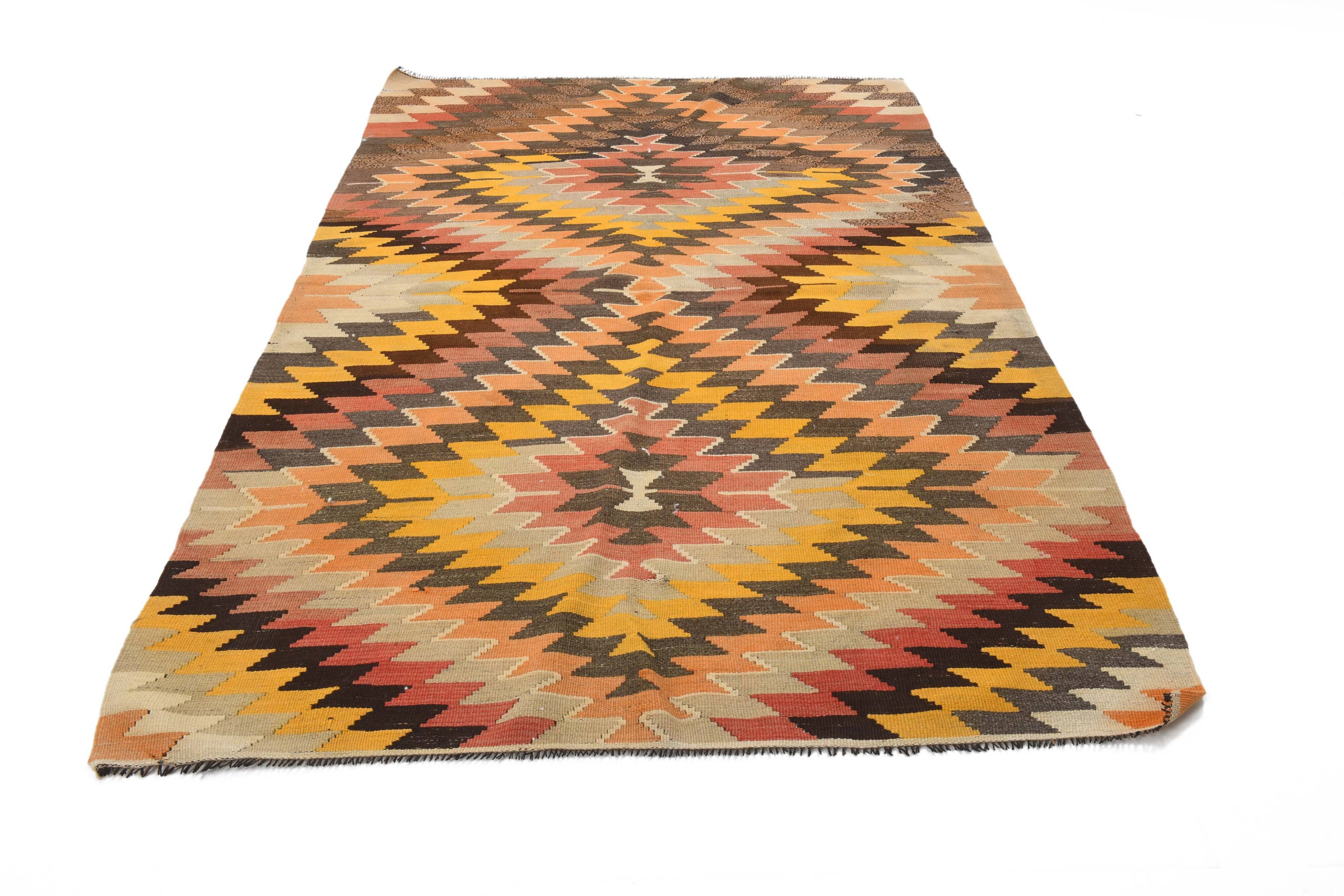 5x8 Orange & Brown Tribal Vintage Kilim Rug, 149x253Cm