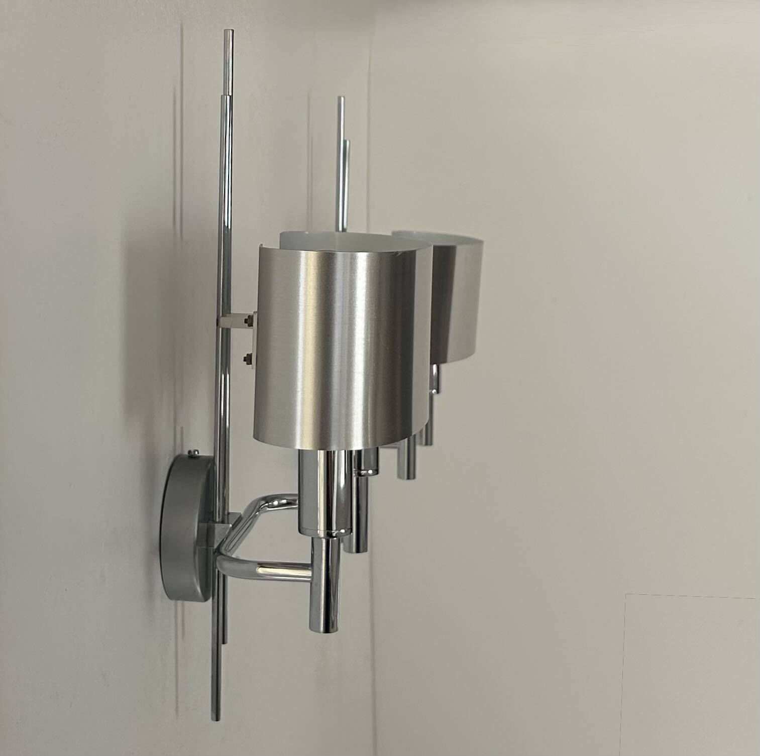 Pair of vintage wall lights, brushed metal and chrome, France 1960