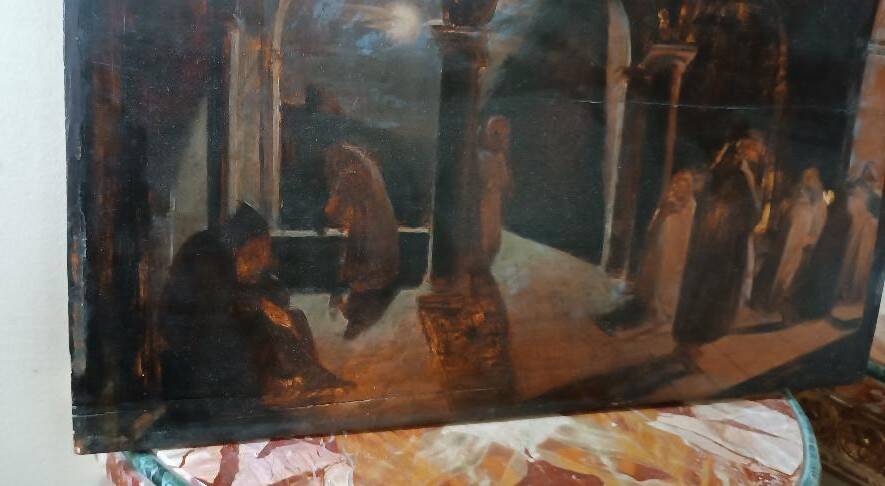 Ancient Table Large Sketch in Oil on Panel Convent of the Brothers 19th Century