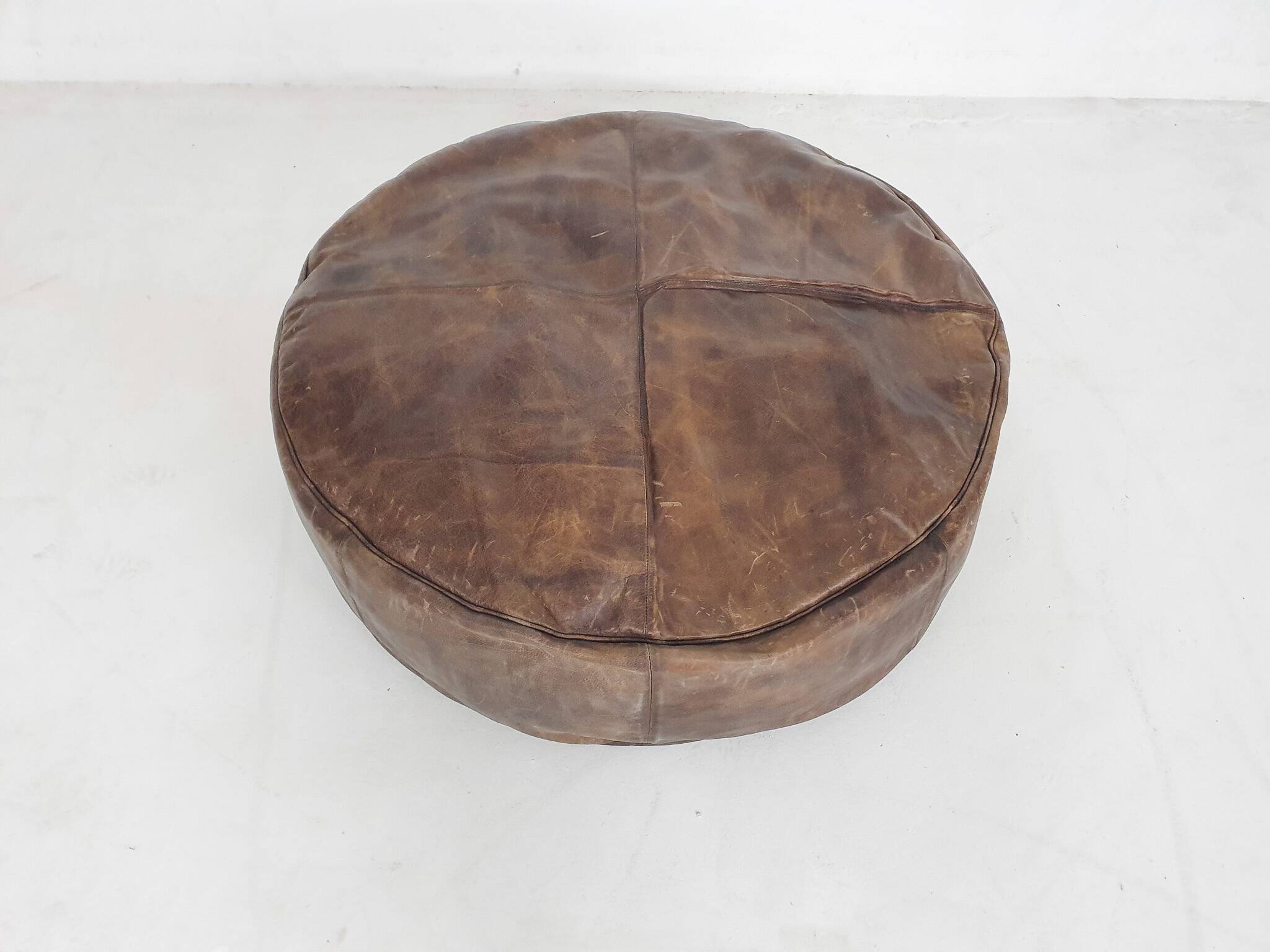 Large vintage round leather ottoman, The Netherlands