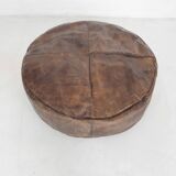 Large vintage round leather ottoman, The Netherlands