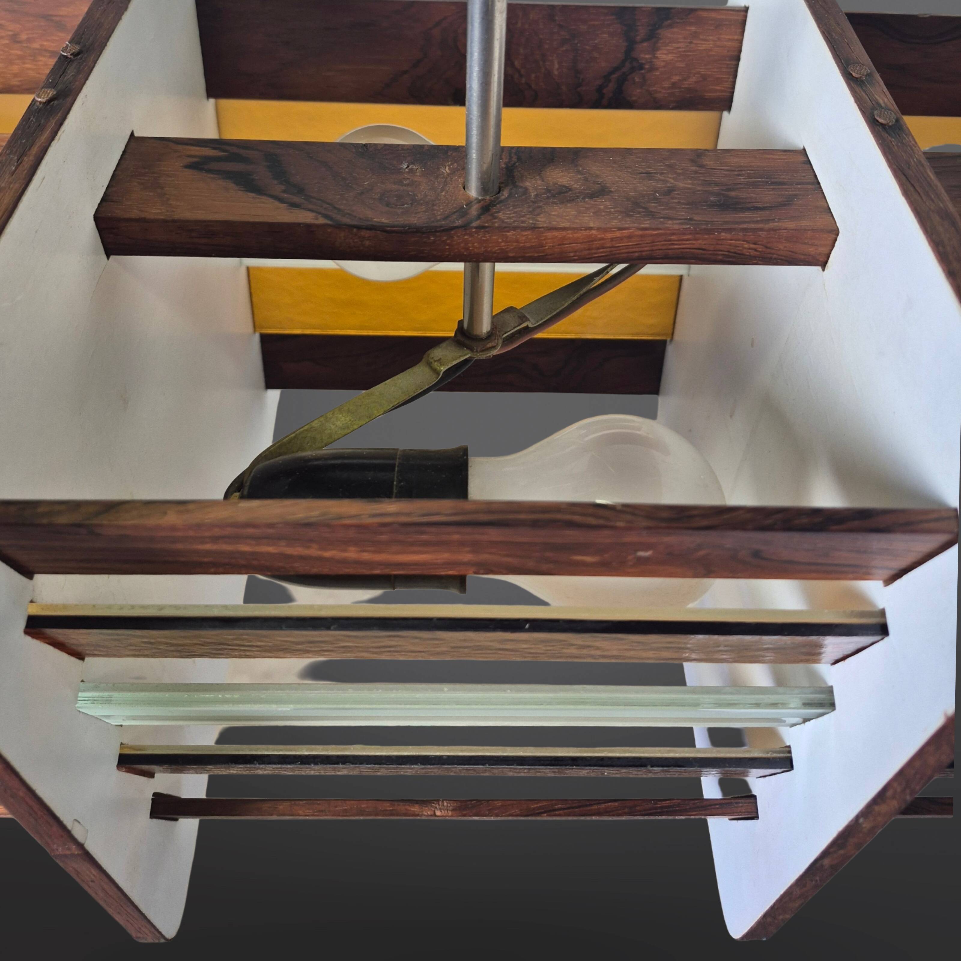 Mid century handcrafted wood and glass chandelier: Netherlands 1960s