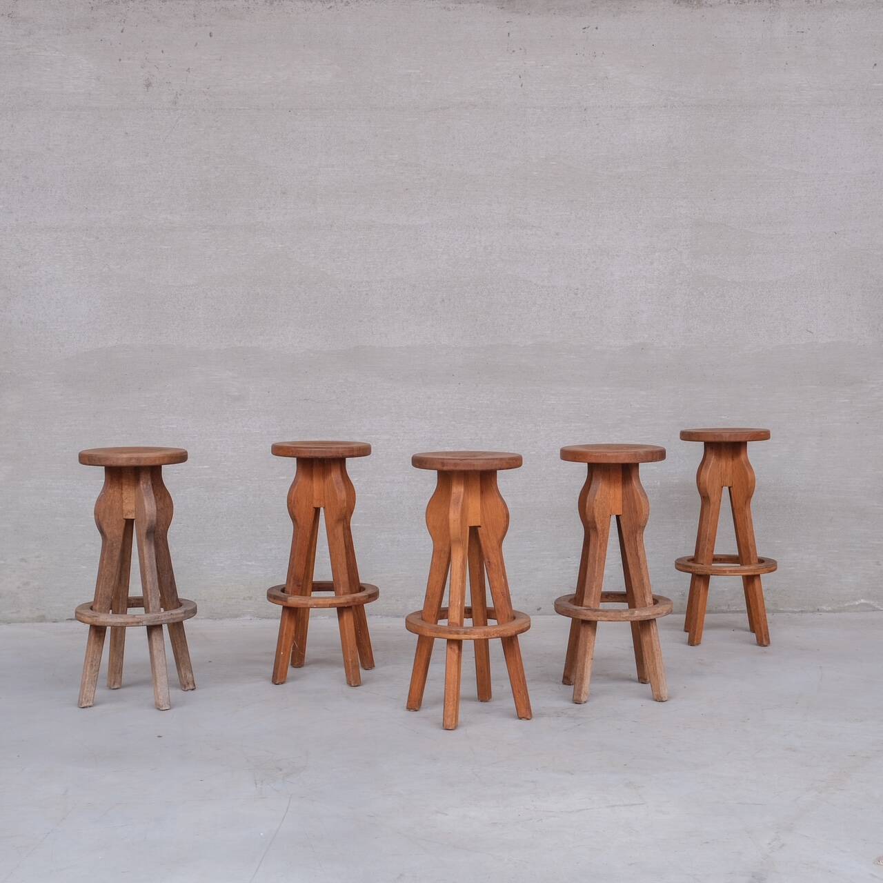 Set of 5 Brutalist Oak Mid-Century Belgium Bar Stools