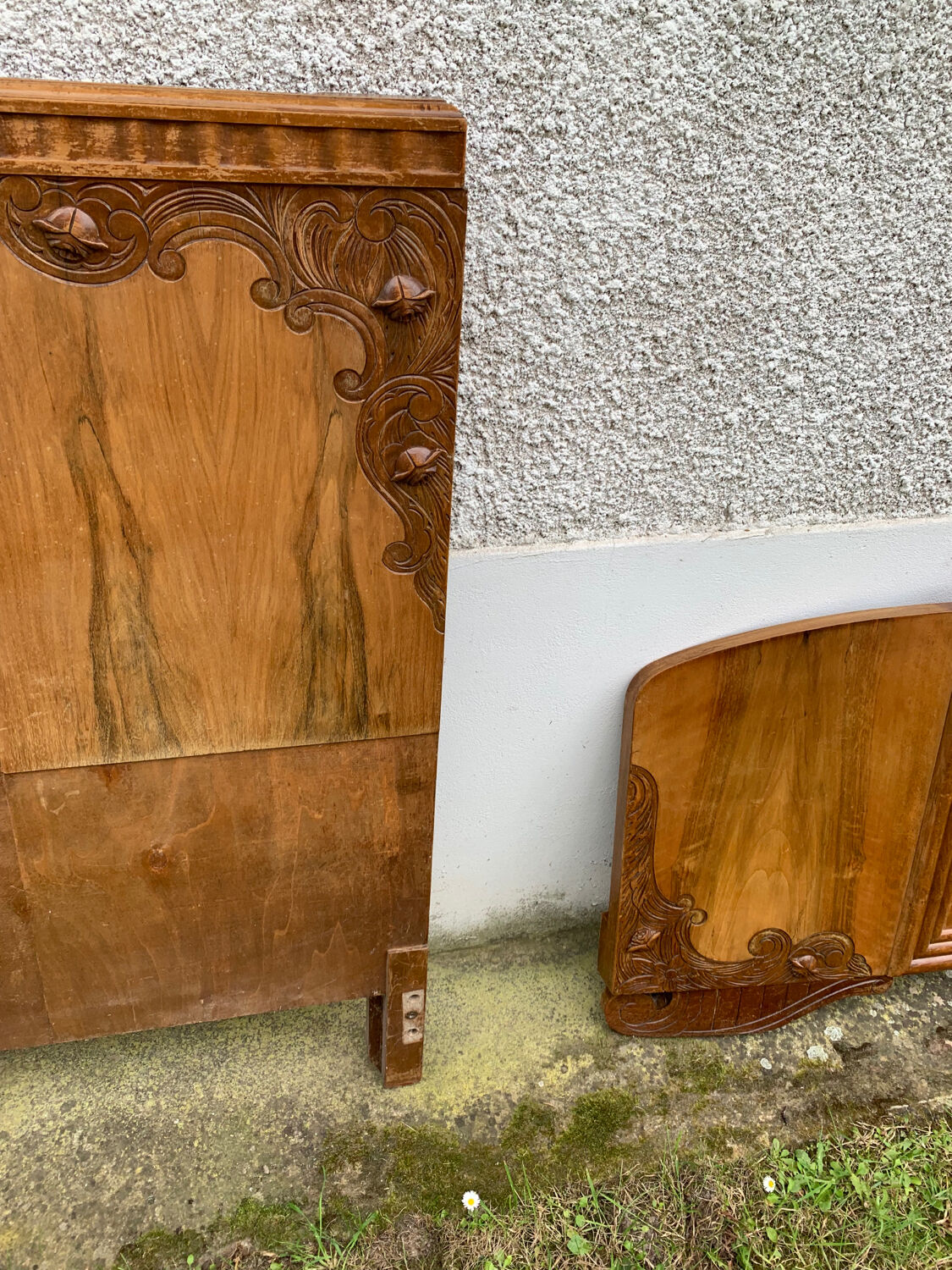 Carved wooden art deco headboard and footboard