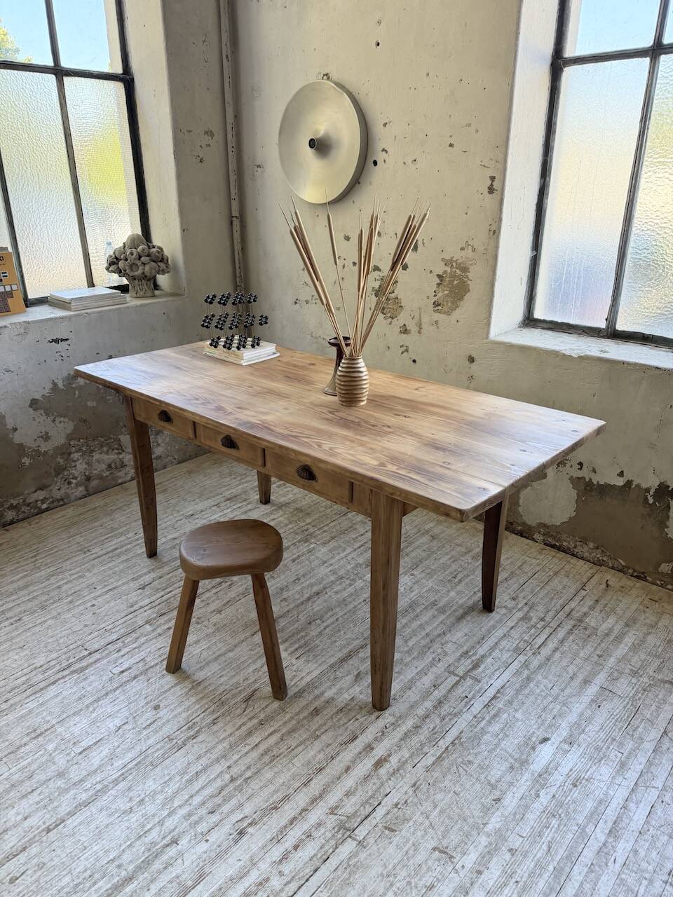 1950s pine and oak farmhouse table with multiple drawers