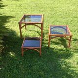 Bamboo pull-out table / leather and vintage glass