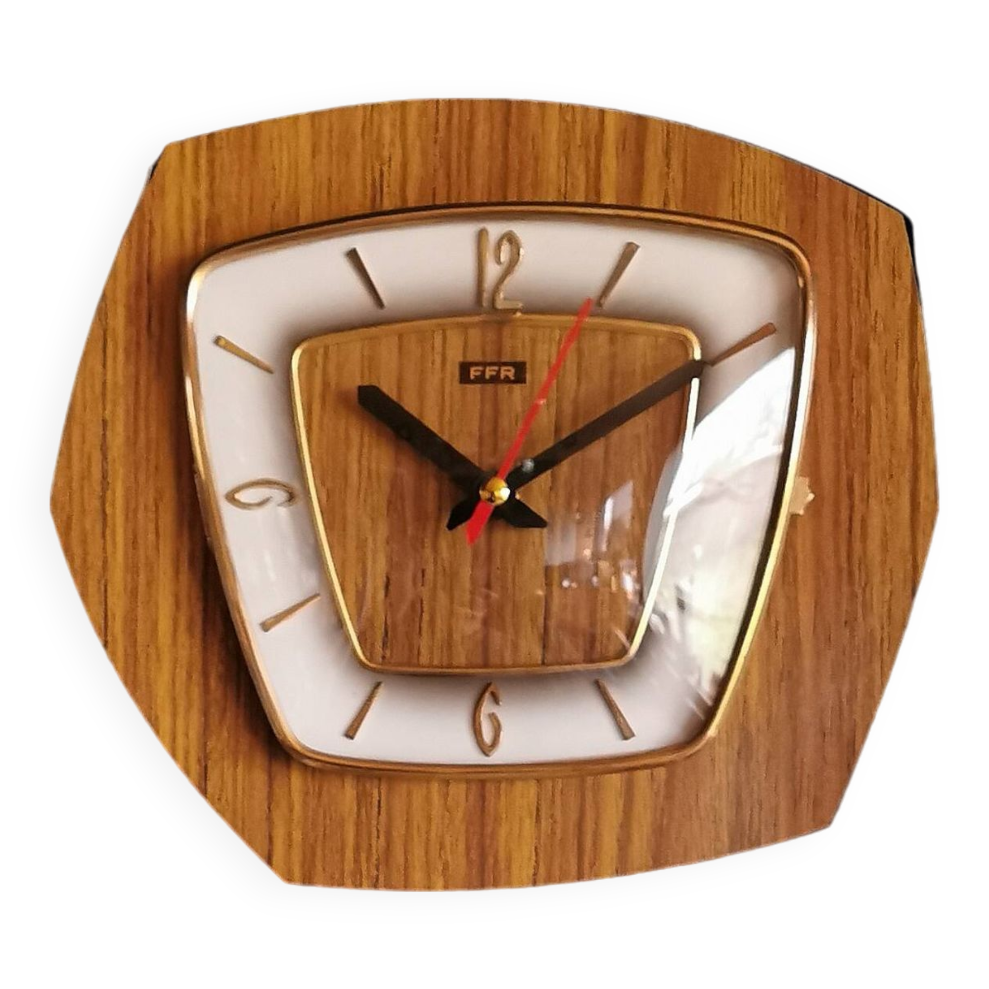 Vintage formica clock silent hexagonal wall pendulum "FFR wood"
