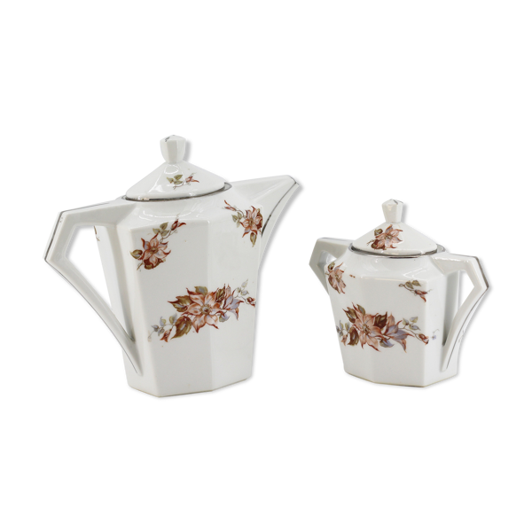 Lot théière et sucrier fleurs en céramique ancien