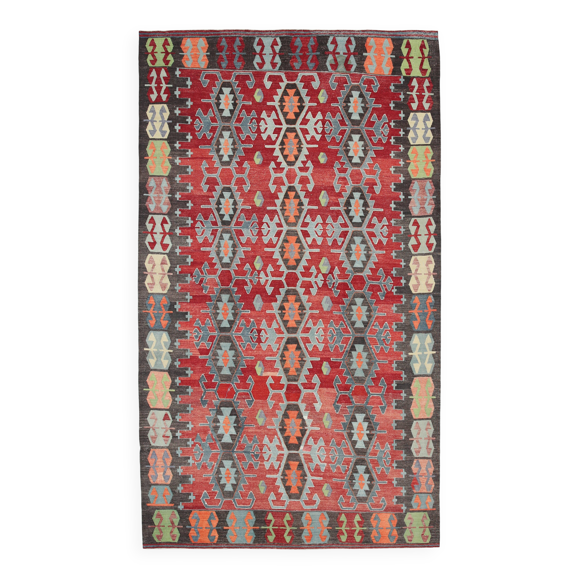 Tapis Kilim Vintage Rouge Motifs Géométriques Ethniques, 195x355 Cm