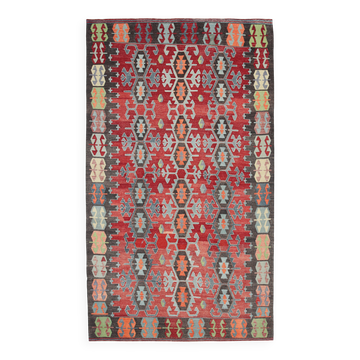 Tapis Kilim Vintage Rouge Motifs Géométriques Ethniques, 195x355 Cm