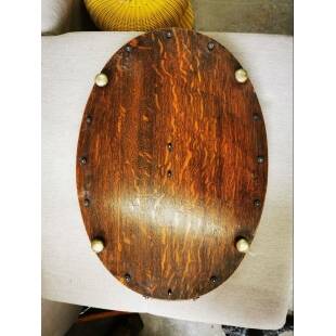 Large oval Edwardian-style tray in oak and brass.