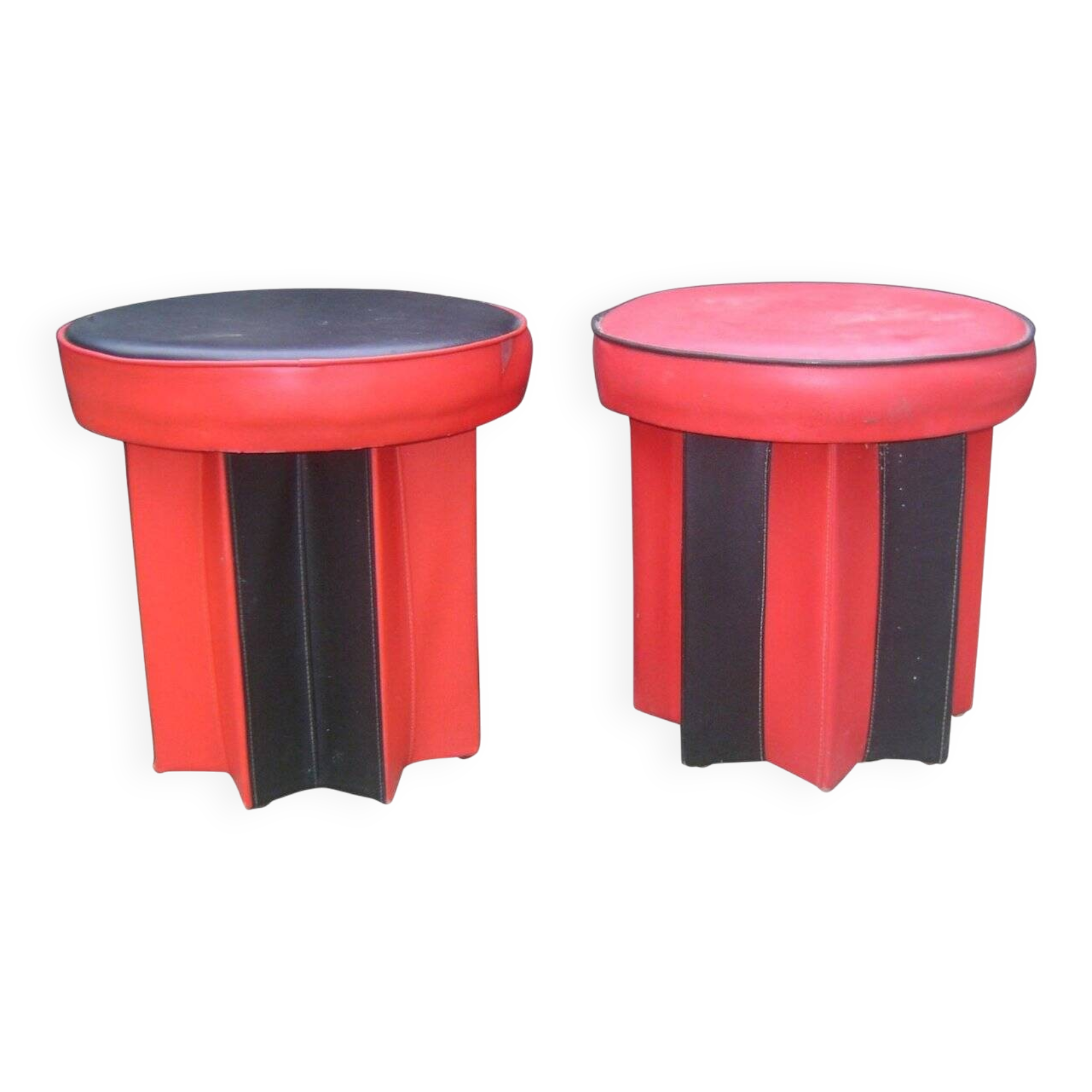 Set of mid-century black and red fabric stools, 1950s star base.