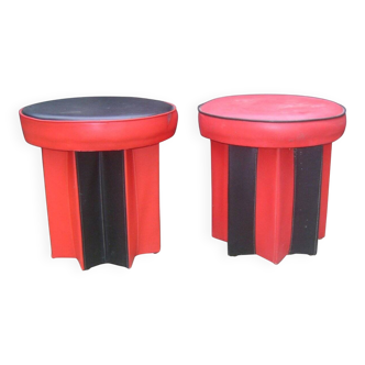 Set of mid-century black and red fabric stools, 1950s star base.