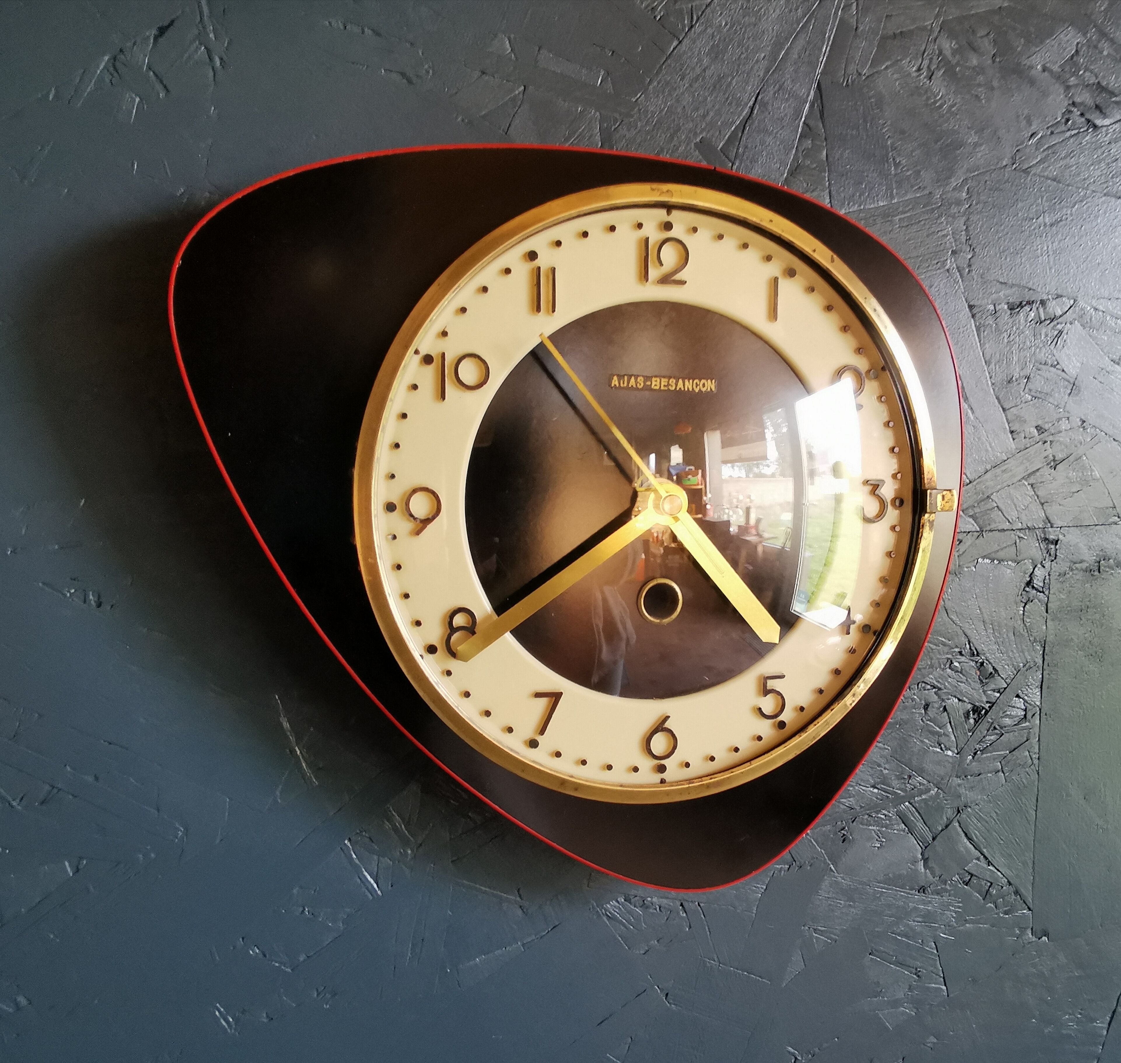 Vintage formica clock silent asymmetrical wall clock "Ajas Besançon black red"