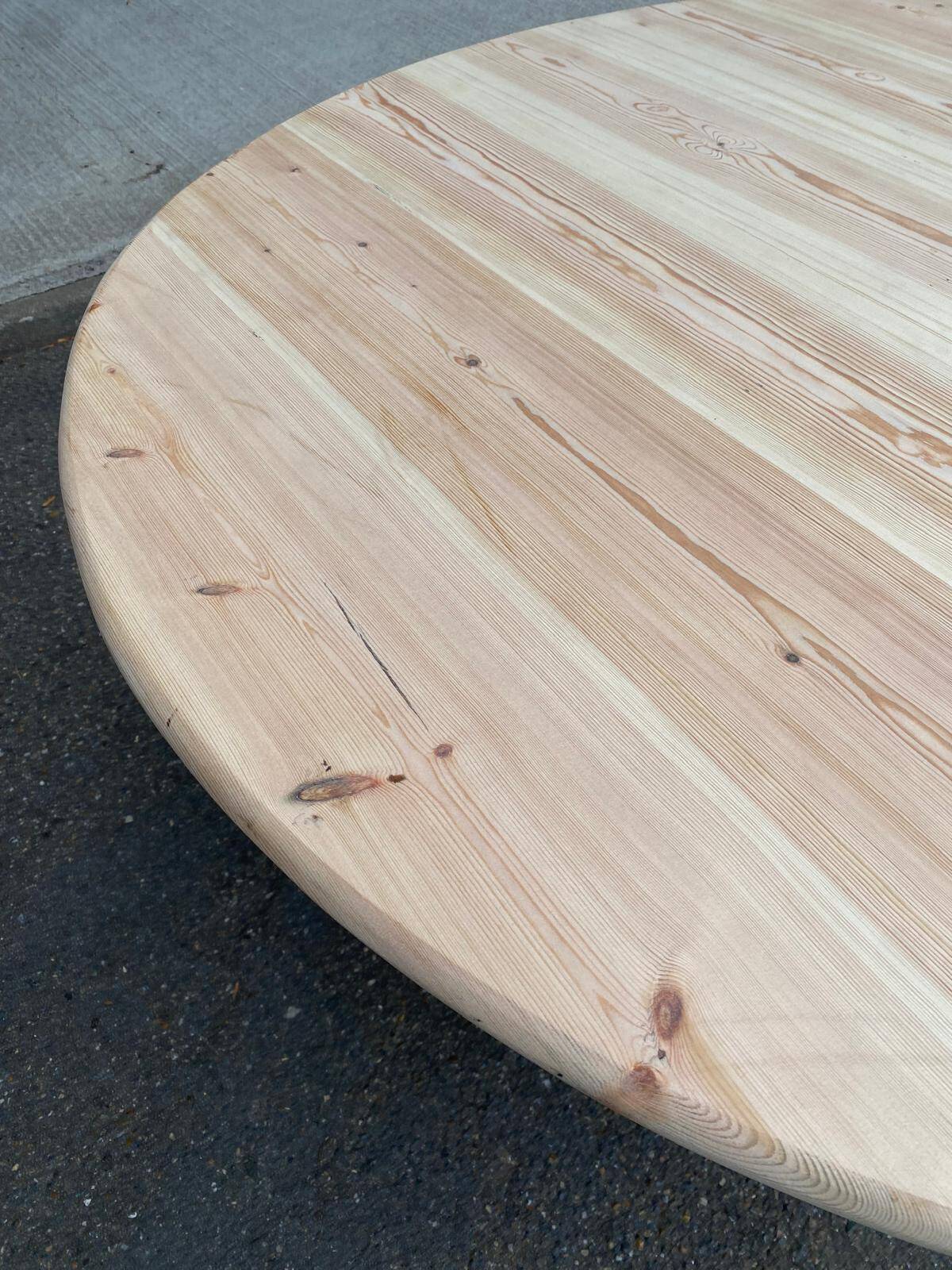 Scandinavian round dining table with a central base, stripped, made of solid raw wood, 90.