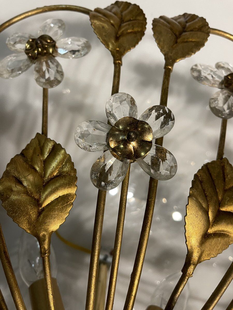 Italian gold gilded tole crystal flower flush mount, 1960s
