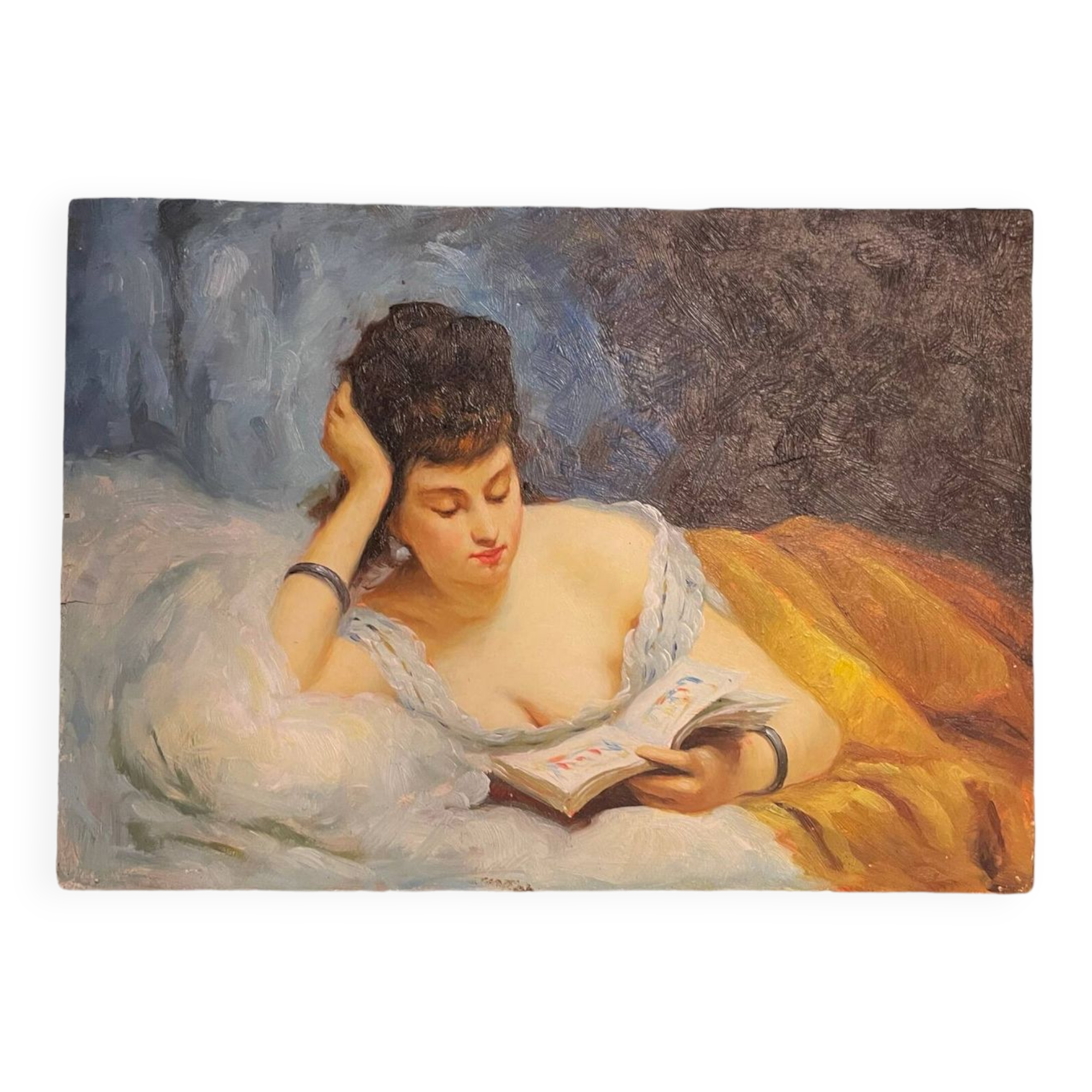 Young woman lying reading oil on panel