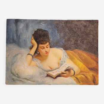 Young woman lying reading oil on panel