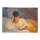 Young woman lying reading oil on panel