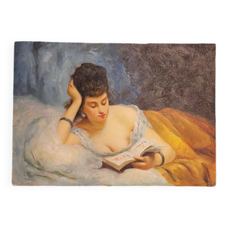Jeune femme allongée lisant huile sur panneau