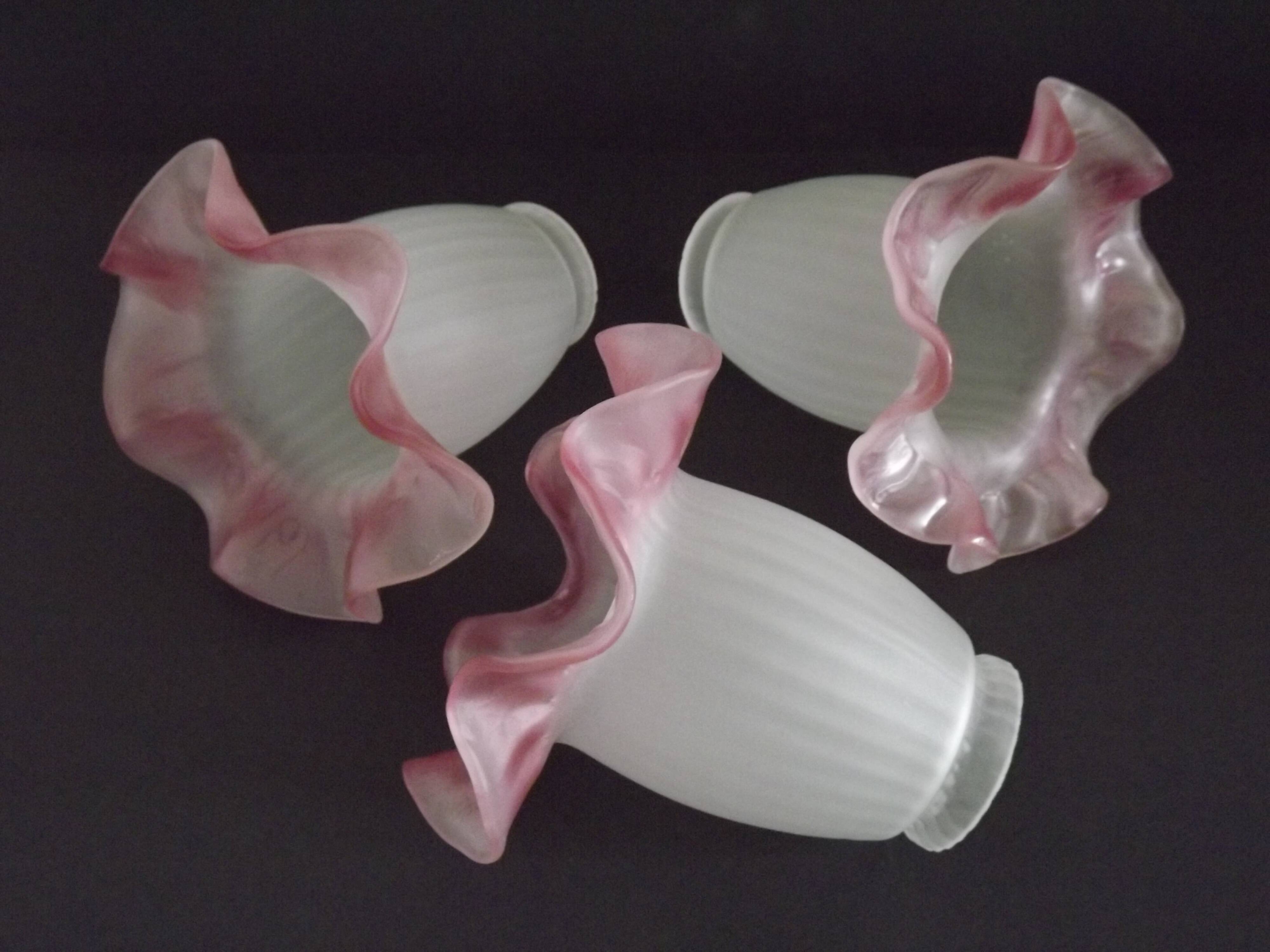Set of 3 White Opaque Glass Shades With Ribbed Detail Pink Frilled Edge