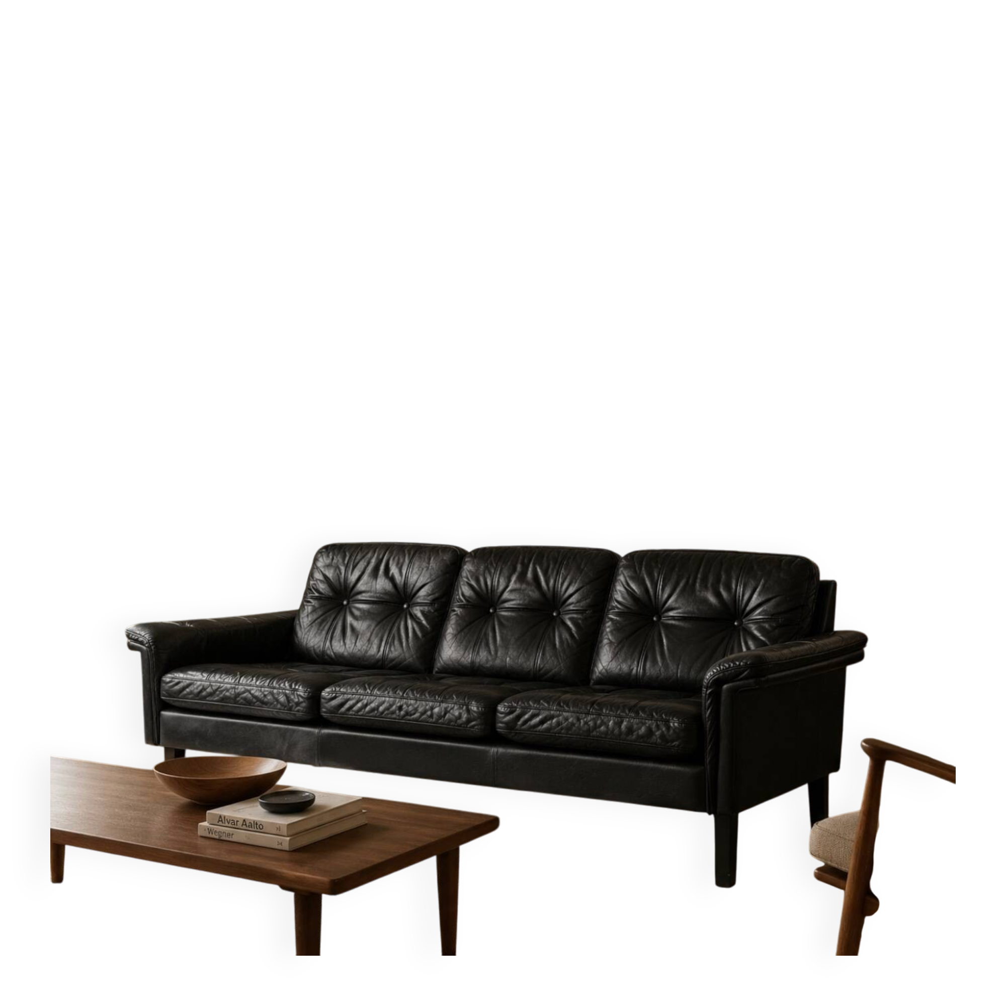 Vintage Danish mid-century 3 person black leather sofa 1970s