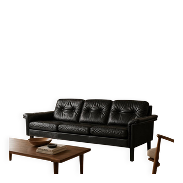 Canapé en cuir noir danois vintage des années 1970 pour 3 personnes